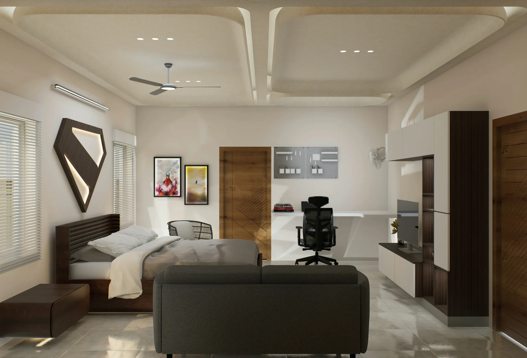Coordinated lighting, ceiling and living room interior